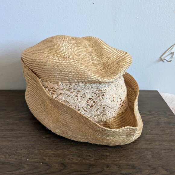 vintage hoodlums straw woven hat floral flower 1960s 1970s pillbox lace - Picture 4 of 6